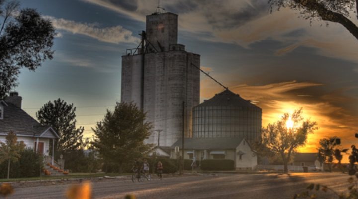 Grain elevators at sunset in Tribune, Kansas